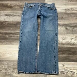 Levis 501 Mid Wash Faded Blue Mens 38x32 Button Fly Straight Denim Jeans Red Tab